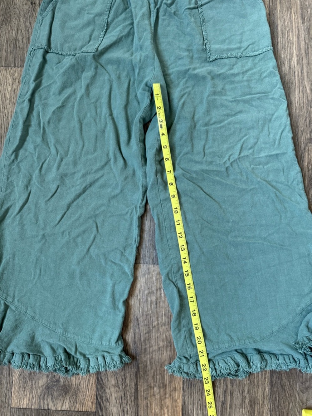 Umgee Green Linen Cotton Capri Pants Elastic Waist Pockets Wide-Leg Ruffle L - Picture 5 of 8